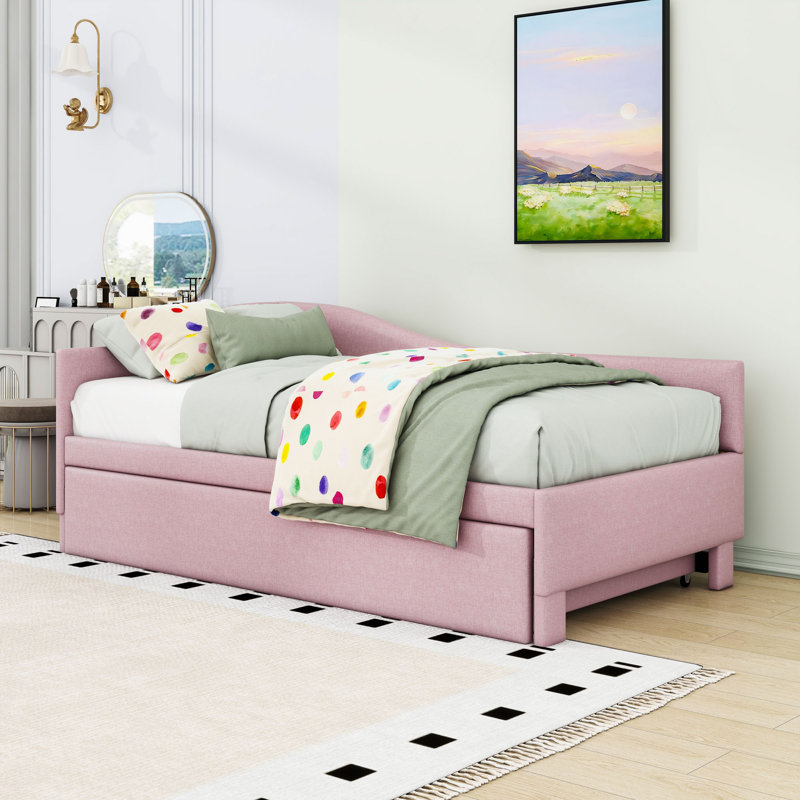 Lit de jour simple avec dossier en L et lit gigogne simple, Rose