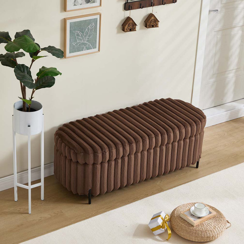 Faux Fur Flip Top Storage Bench with Black Metal Legs, Brown, 17.72" H x 49.21" W x 20.87" D