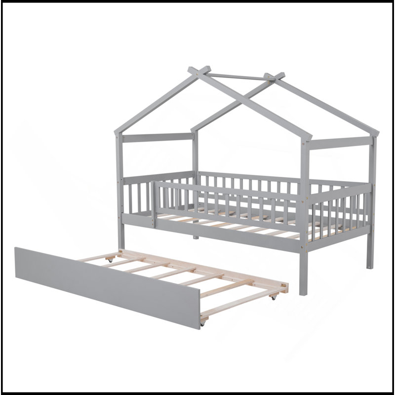Lit en bois avec lit gigogne simple, Gris