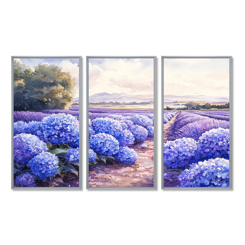 Hortensias dans le champ de lavande II - art mural hortensias - ensemble de 3, Argent argent, H 28 po x l 36 po
