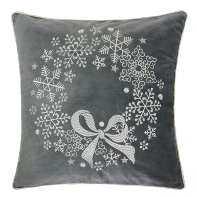 Velvet Holiday Throw Pillow With Snowflake Wreath Embroidery, 20X20 With Insert