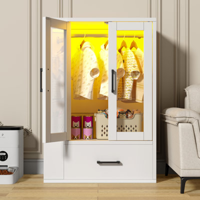 Kids Wardrobe Armoire with LED Light, White Children's Clothing Storage Cabinet with Doors