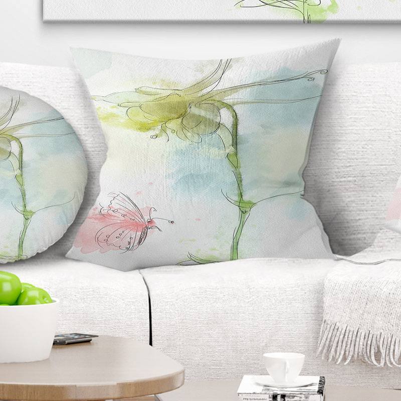 Croquis de campanule et papillon - coussin à imprimé floral, 16 po x 1 po, Coussin décoratif