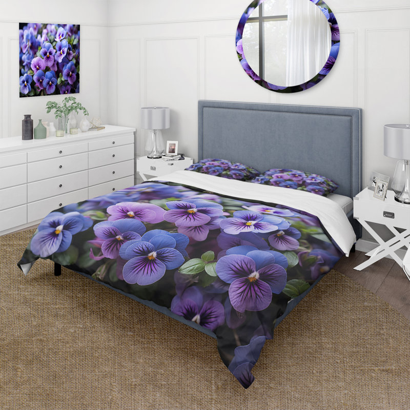 Ensemble de housse de couette en microfibre / polyester mauve Pansies, Housse de couette pour grand lit et 2 taies décor