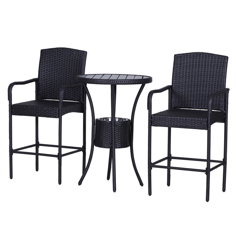 Rattan Wicker Bar Set For 3 PCS With Ice Buckets, Patio Furniture With 1 Bar Table And 2 Bar Stools