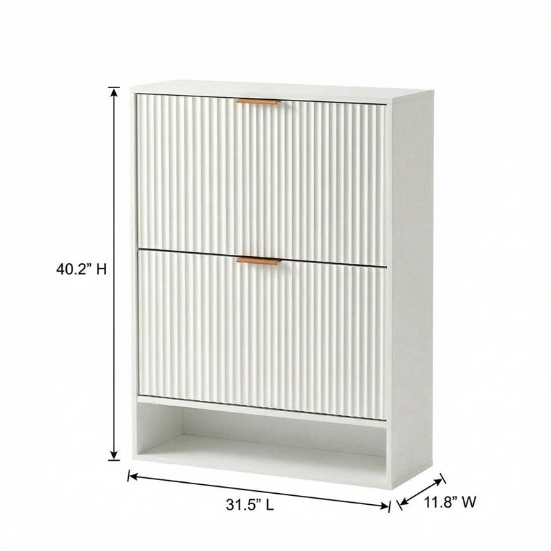 Armoire à chaussures cannelée pour le vestibule, rangement pour chaussures autoportant étroit avec 2 tiroirs rabattables, tablette inférieure ouverte et crochets latéraux pour le vestibule ou le couloir