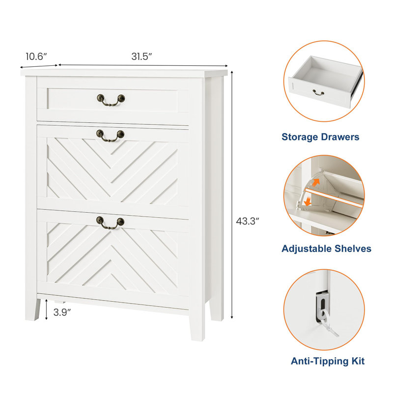 Armoire à chaussures 31,5 po avec 2 tiroirs rabattables - Rangement pour chaussures autoportant avec tablettes réglables et tiroirs de rangement pour le vestibule, le placard et le couloir