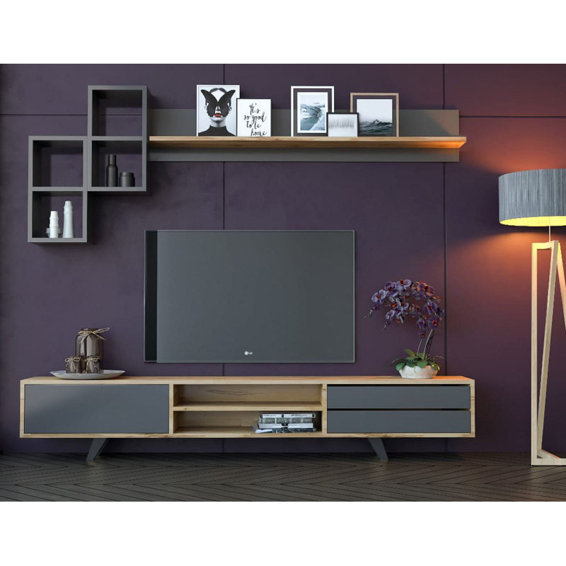 Modern TV Unit, Anthracite & Oak, 70.9 x 17.7 x 15.7 inches | 100% Melamine Coated E1 Quality Chipboard, Thickness: 0.6 inches | Easy Assembly with Minifix System | Scandinavian Design for Contemporary Living Spaces