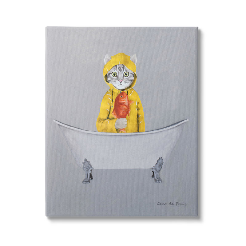 Baignoire à pattes jaunes avec un chat et des pattes par Coco de Paris - Peinture, Toile tendue, H 30 po x l 24 po x P 1,5 po