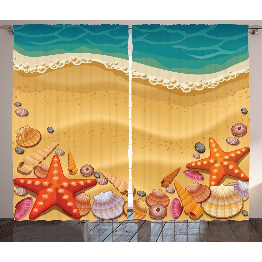 Rustikaler Vorhang, Seashell auf Shore-Karikatur, Strand, Sandbraun Orange Teal