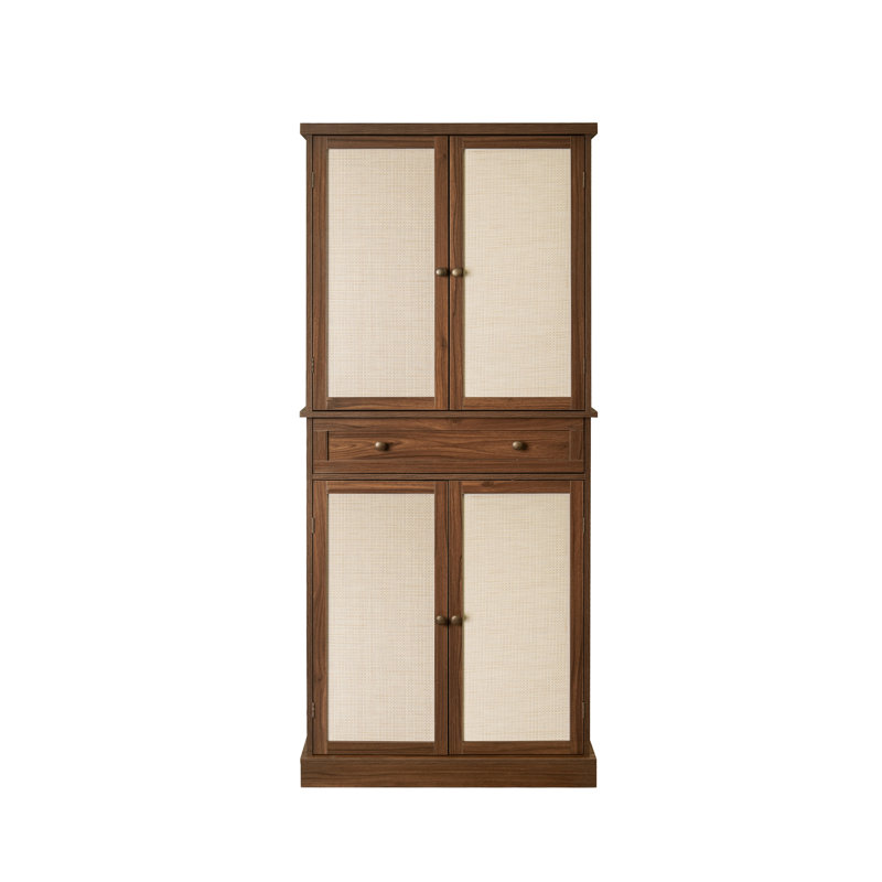 Armoire 4 portes avec 1 tiroir, capacité de charge de 210 lb, technique d'ingénierie, résistante aux rayons du soleil et aux égratignures, tablettes réglables, charnière en métal ouverte à 180 degrés, surmatelas, noyer foncé, panneau de particules avec lb
