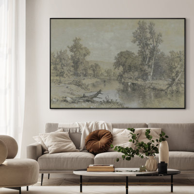 Extra Large Wall Art Fabric Print - Vintage River Landscape Rustic Pastoral with Trees and Water Scene Artwork Decor for Living Room or Bedroom - "Frame Assembly Required (Unfinished Frame)"