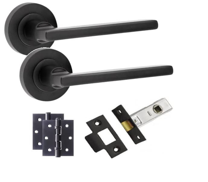  1 Set Leon Straight Design Door Handles on Round Rose in Matt Black Finish with Ball Bearing Hinges and 64mm Tubular Latch