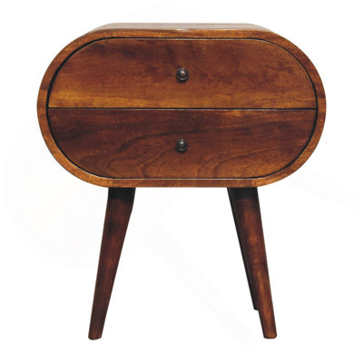 Solid Wood Large Chestnut Circular Bedside, 2-Drawers, Nordic Legs, Dark Brown