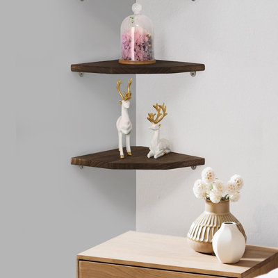 Set of 2 10" Solid Pine Wood Floating Corner Shelves – 48lb Load Wall Mount Storage for Home & Kitchen