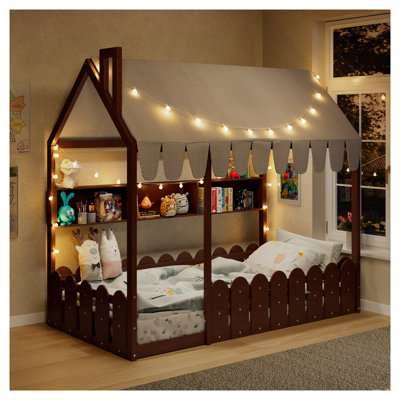 Lit simple Montessori avec tente, lumières et tablettes de rangement