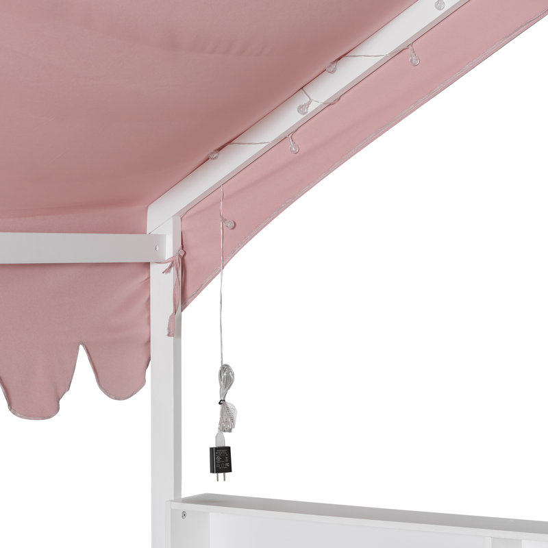 House-Shaped Floor Daybed With  Canopy, Bookshelves And Led Light, Pink;White