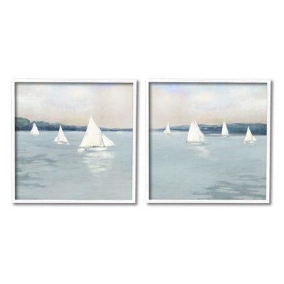 Sailboats Grey Nautical Ocean View 2 Piece White Framed Giclee Art Set by Sally Swatland