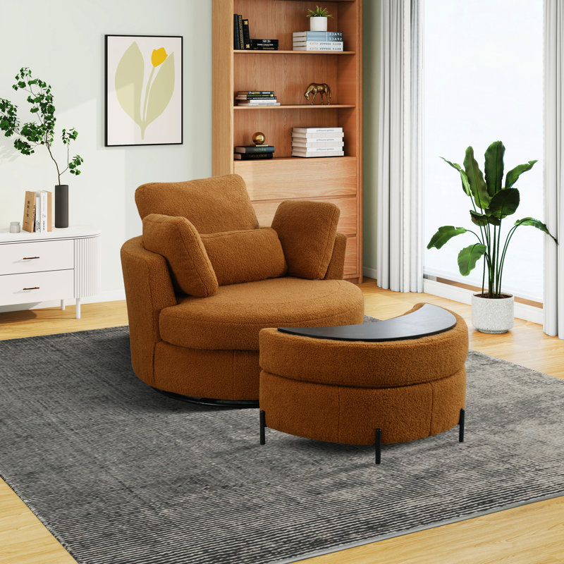 Achorn Upholstered Slipcovered Swivel Barrel Chair with Ottoman, Caramel Teddy