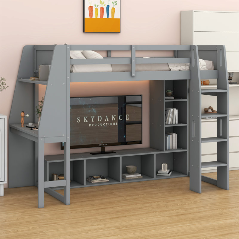 Lit mezzanine en bois avec bureau, étagères à rangement multiples, DEL et portemanteau suspendu