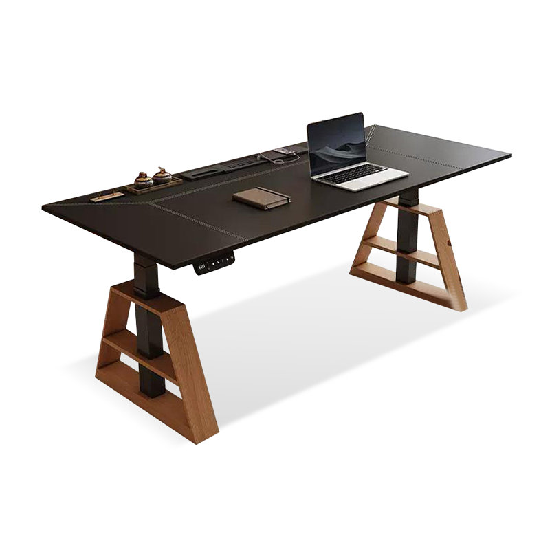 Bureau rectangulaire en bois massif et en bois manufacturé noir + brun noisette réglable en hauteur + acier