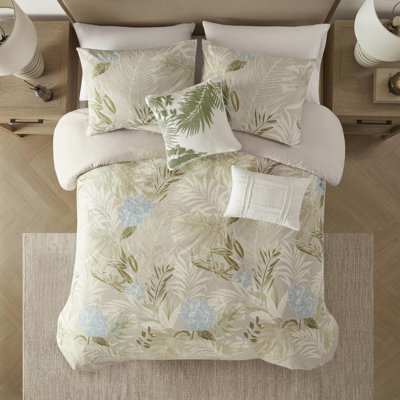 Ensemble de housse de couette et oreiller 100% coton très grand / très grand - conception tropicale, fermeture à glissière cachée, imprimé de la housse en bleu, coussins brodés, lavable à la machine