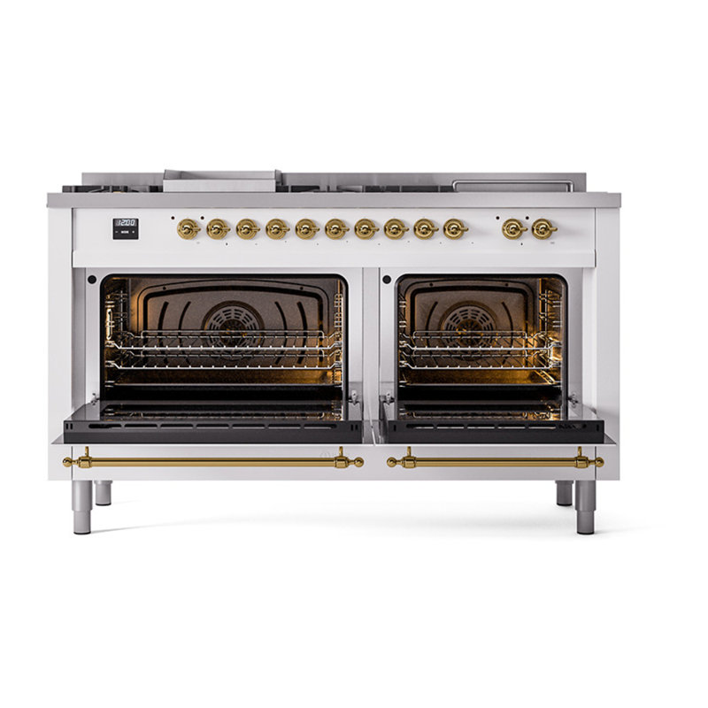 ILVE Nostalgie II Series Noblesse 60 inch Dual Fuel Range with 7 Sealed Burners, Griddle, Frenchtop (Glass Door), Brass