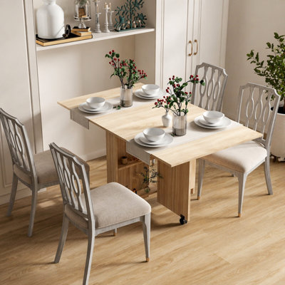 DFW Folding Dining Table, Versatile Dinner Table With 2 Wheels And 2 Storage Racks, Space Saving Dining Room Table, Folding Kitchen Table, Pear Wood Color