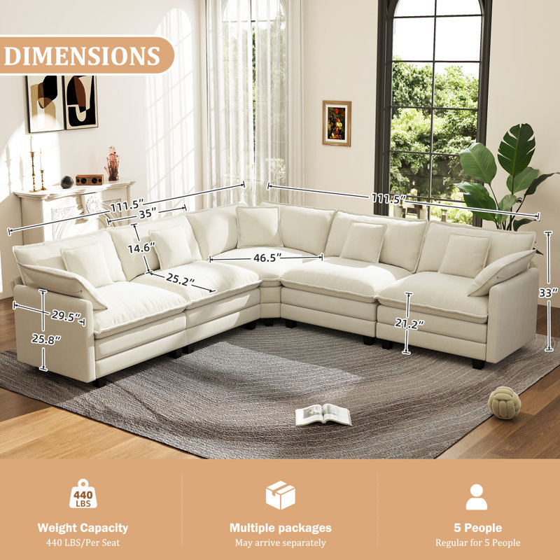 George 111.5" Modern 5 Seat Chenille L Shaped Modular Sectional Sofa, Beige Chenille