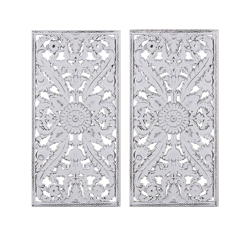 2 décorations murales - fleur de lotus en bois vieilli mat blanc délavé