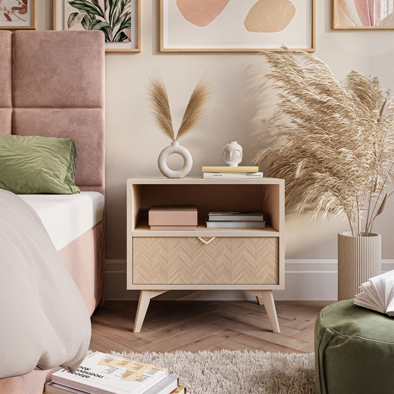 Daleila 54cm W Manufactured Wood Bedside Table, Sand Beige/Herringbone Scandi Pattern
