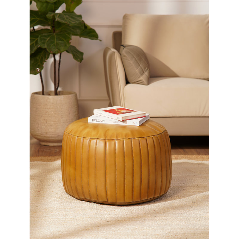 Pouf en cuir de chèvre massif fait à la main (rembourrage en coton recyclé), H 12 po x l 21 po x P 21 po, Rond