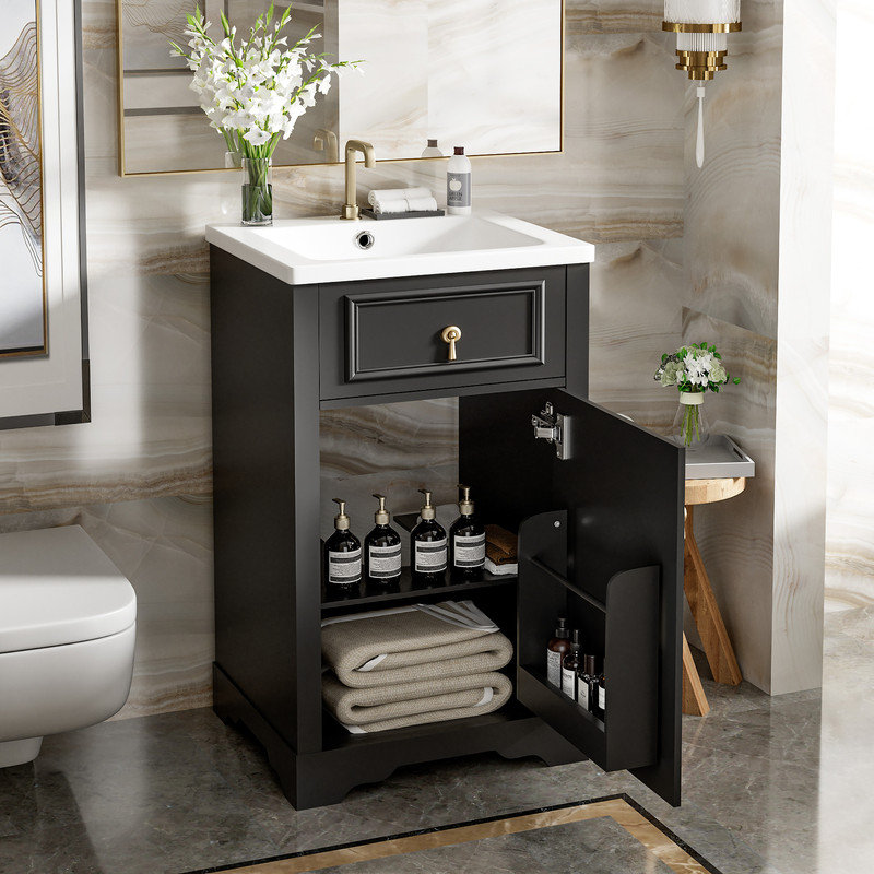 20" Bathroom Vanity with Ceramic Sink, Soft Close Door, Adjustable Shelf,Ideal for Small Bathrooms, Black