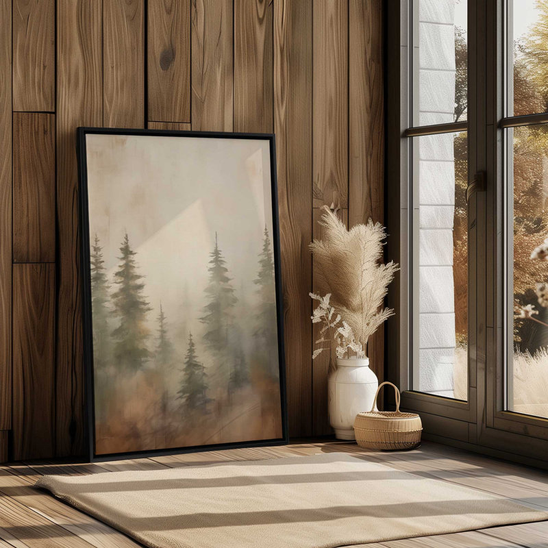 «Foggy Autumn Pines II», reproduction sur toile, H 12,75 po x l 8,75 po x P 1,75 po, Cadre flottant brun clair