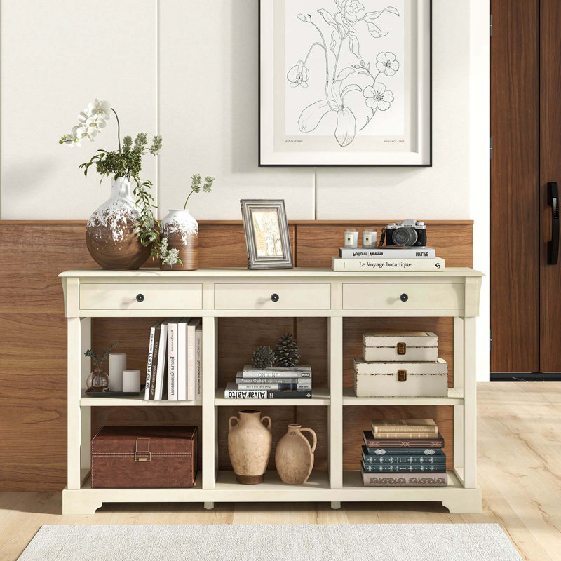  Table basse 58 po avec console de rangement rétro avec 3 tiroirs et tablettes ouvertes