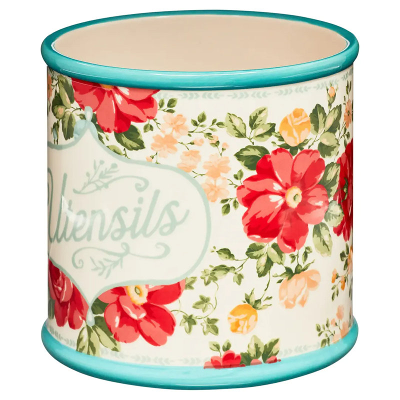 Pot à ustensiles vintage en grès floral, 7 po