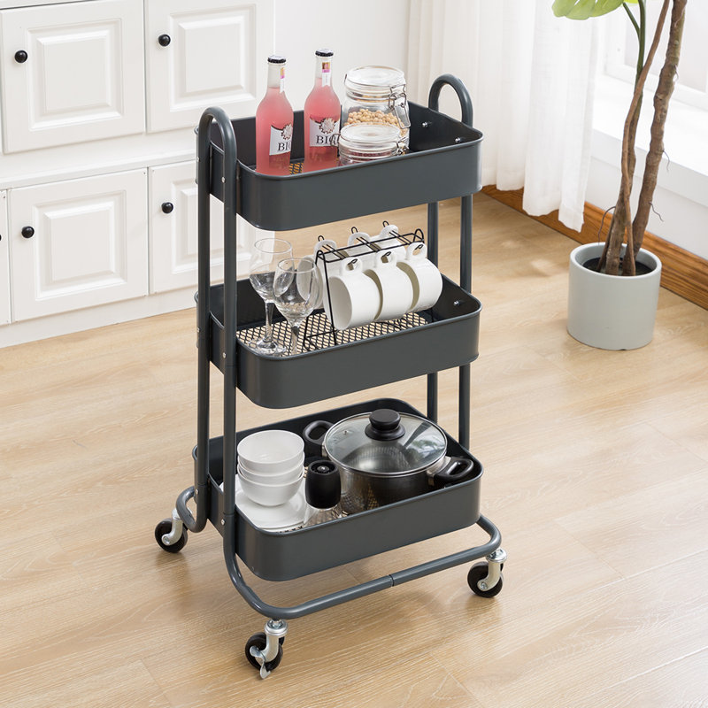 Gray 3-Tier Metal Rolling Utility Cart with Handle