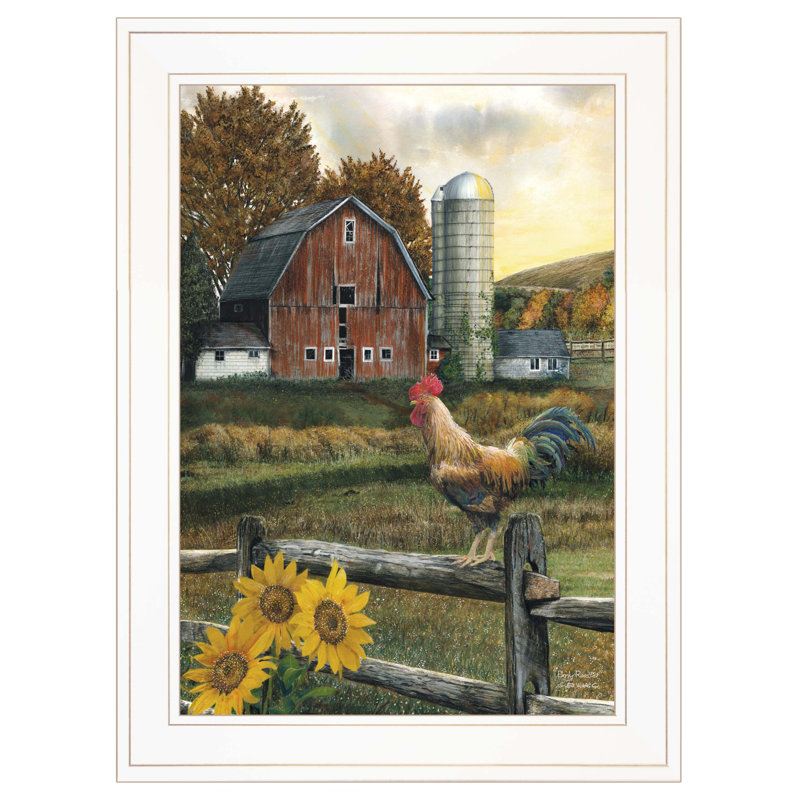 «Early Rooster», art mural encadré pour le salon et la maison par Ed Wargo, H 19 po x l 15 po x P 1 po, Blanc / or