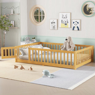 Natural Twin Kids Floor Bed with Guardrails Door Pine Wood Montessori Safe Sleep Design