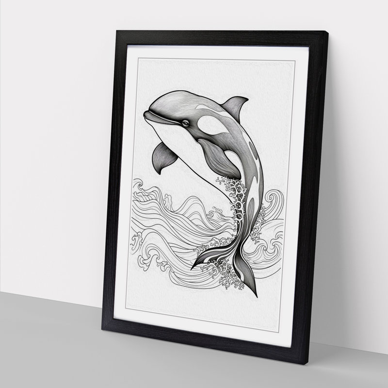 Orca Whale Line - Single Picture Frame Print on Wood, Black, 46cm H x 34cm W x 2cm D