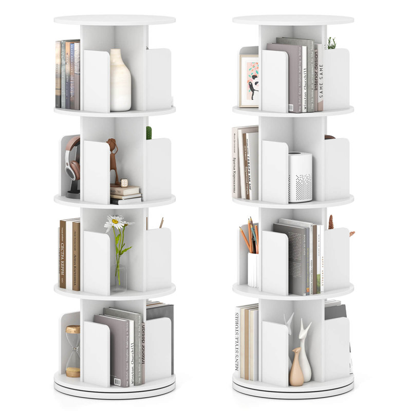 2 PCS 4-Tier Rotating Bookshelf 360° Display Rack Dividers & Anti-falling Baffles White, (4 Shelves) 50.5"H x 15.5"W x 15.5"D
