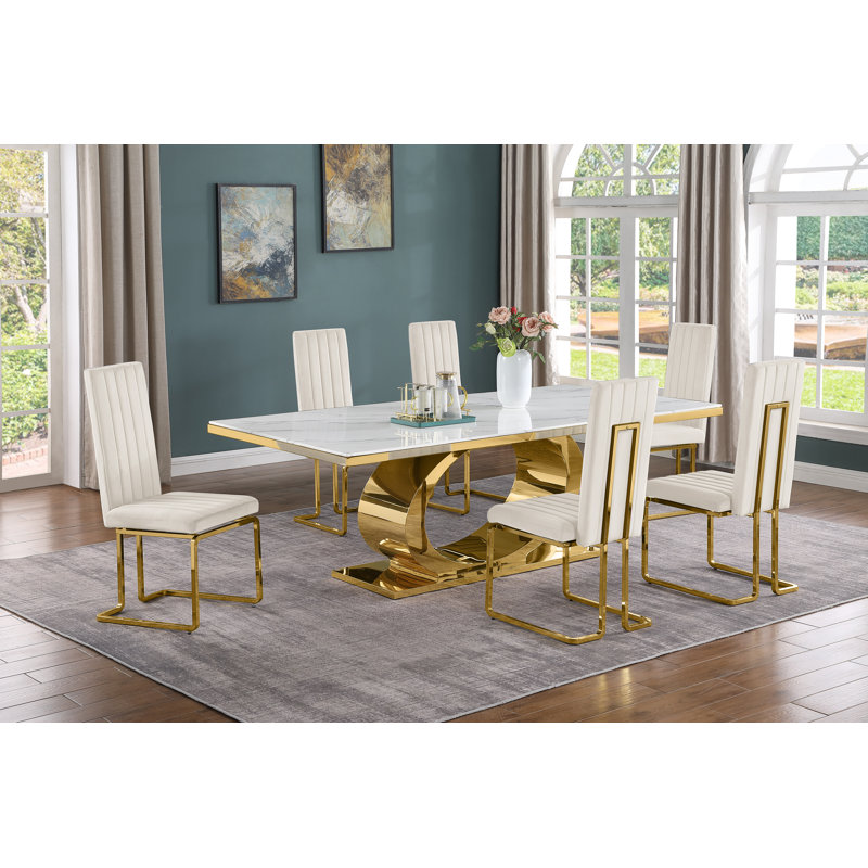 Ensemble de salle à manger 87 L 44 x Bauke, Ensemble repas 7 pièces, Crème / doré, Or