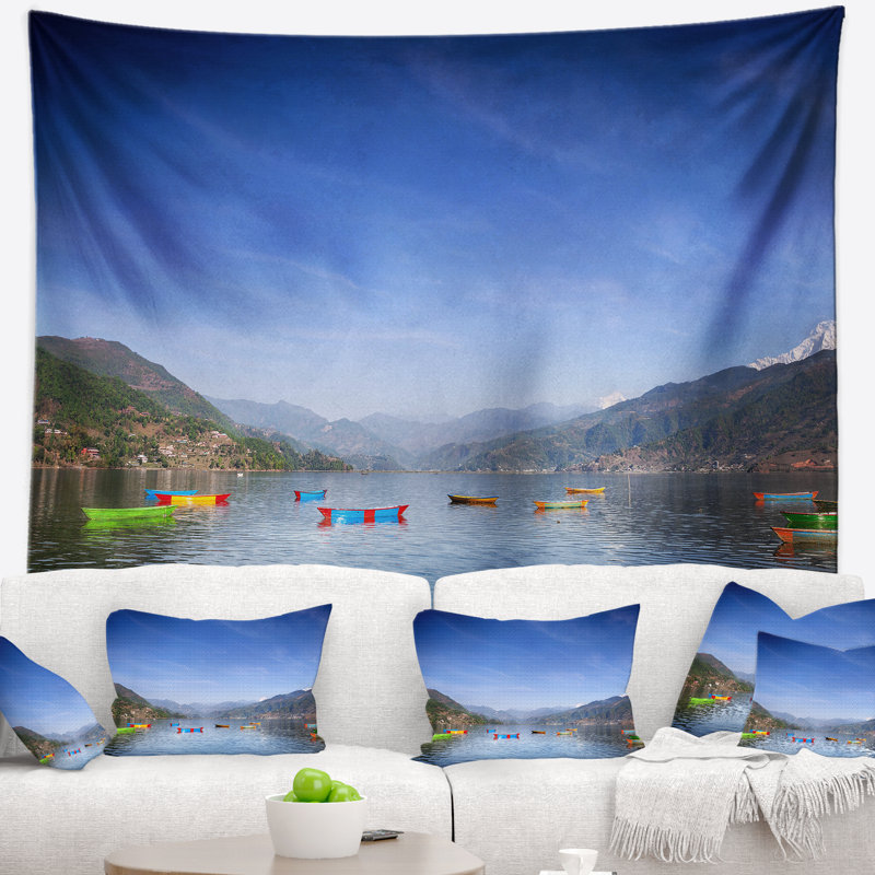 Tapisserie pokhara lake à bateau mer, H 68 po x l 80 po