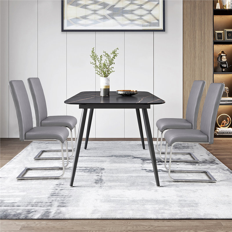 Faux Leather Dining Chairs with Chrome Legs High Back Kitchen Chairs, Light Grey