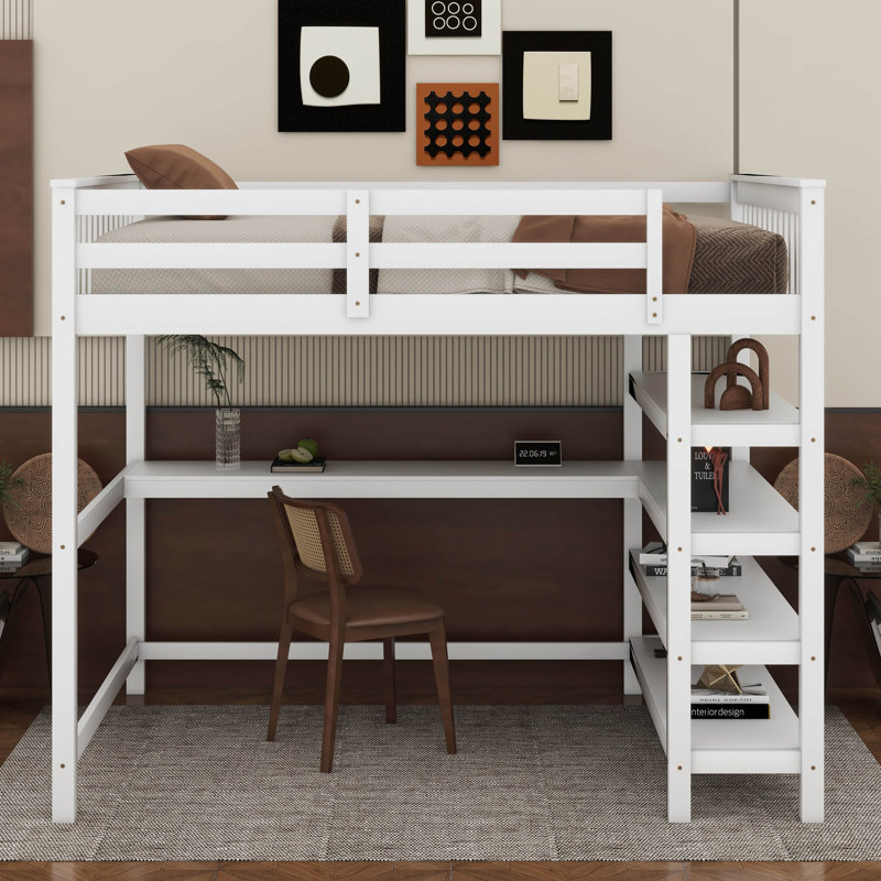 Lit mezzanine avec tablettes de rangement et bureau sous le lit, Lit double, Blanc