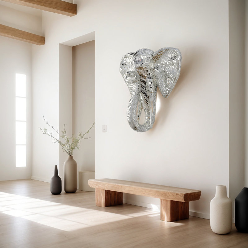 Statue murale 30,8 po - Tête d'éléphant avec extérieur en losange miroir argenté, Argent