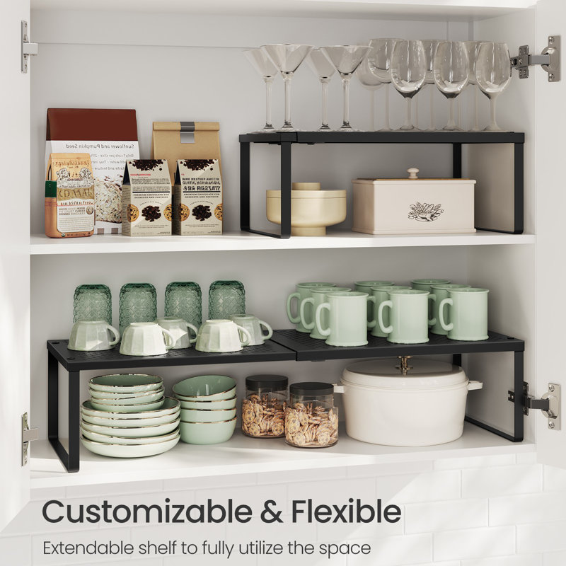 Kitchen Counter Shelf, Extendable Cupboard Organizer, Spice Rack, Metal, Space-saving, Matte Black