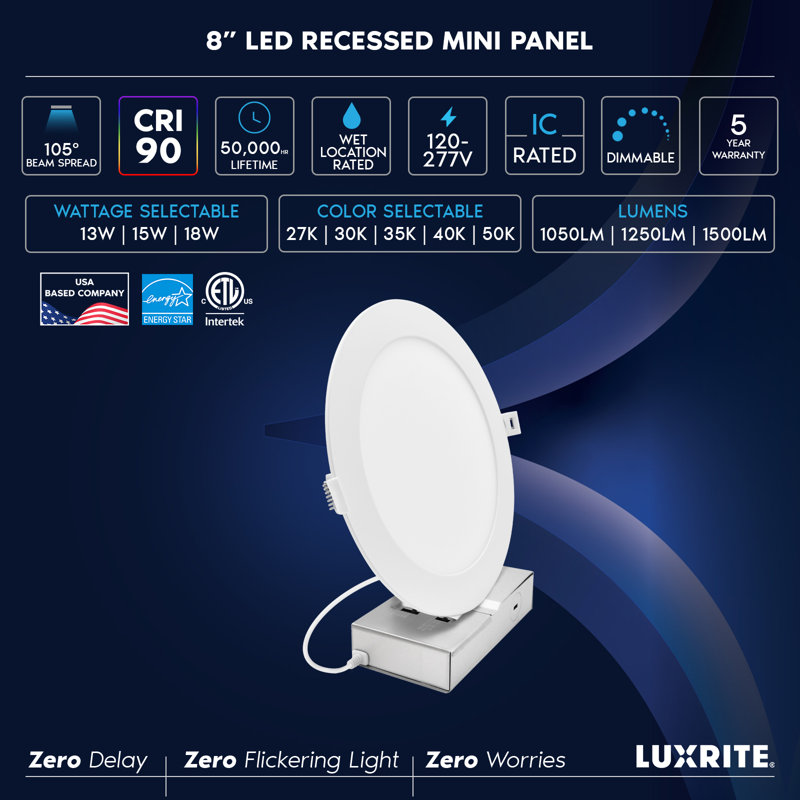 LUXRITE 8 In. LED Recessed Light with J-Box, Canless Mini Panel Light, 5CCT, 13/15/18W, 1050/1250/1500LM, CRI90, Dimmable, 120-277V, IC Rated, ETL