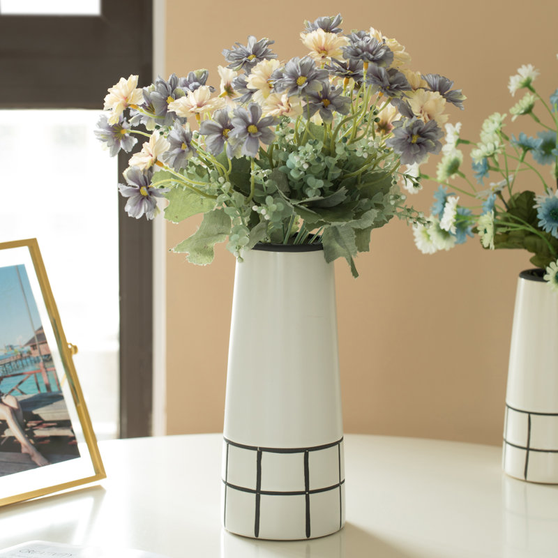 Set Of 7" And 9.5" High Ceramic Modern Painted Grid Tapered Flower Table Vases, Black And White, Elegant Decorative Accent For Living Room, Bedroom, Office, Entryway, Or Dining Area Décor