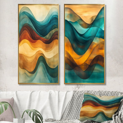 Turquoise Abstract Wall Art Set of 2, Brown Wave Canvas, Waves Of  Turquoise, And Brown